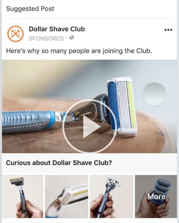 This Facebook ad type example shows a collection ad from a shaving club.