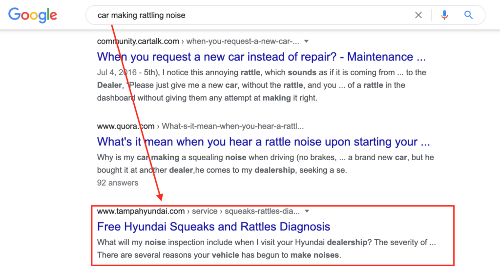 このスクリーンショットは、車のガタガタノイズの検索と、そのコンテンツ内のそのクエリに対処するディーラーを示しています。