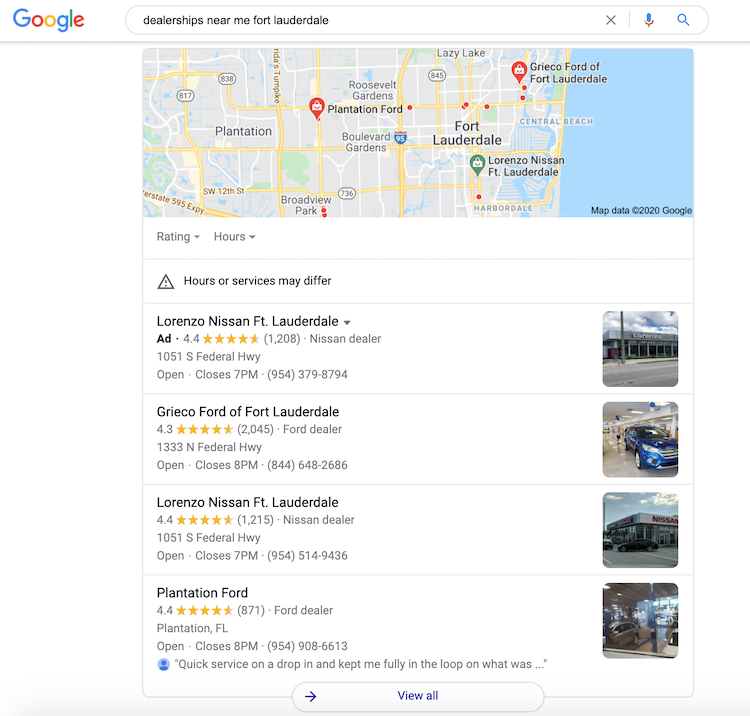 When you search for a dealership on Google, you see the Google Map Pack with Google My Business results.