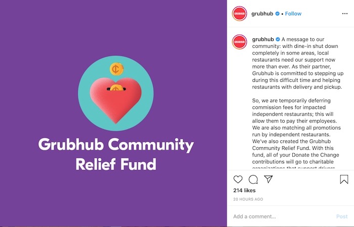 Grubhub Community Relief Screenshot from Their Instagram