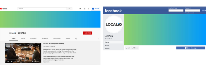 Side-by-side of LOCALiQ YouTube and Facebook page to show coverphotos.