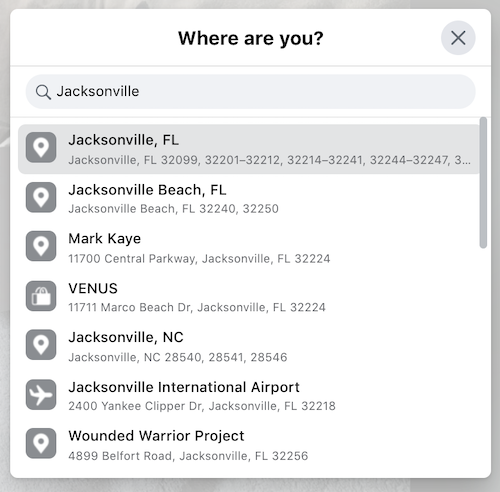 A screenshot showing how to add a location to Facebook.