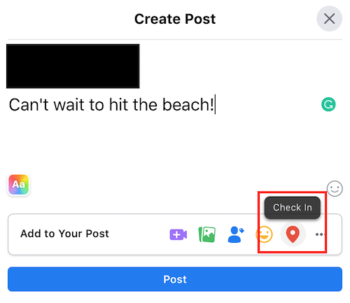 Ein Screenshot, der zeigt, wie man einen Standort zu einem Facebook-Beitrag hinzufügt.