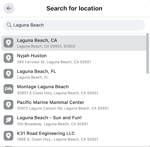A screenshot showing how to search for a location for your Facebook post.