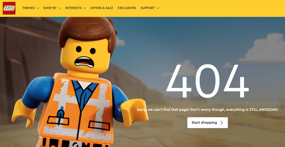 SEO Website Design - LEGO's 404 error page is cute, but they'll want to limit the number of links that direct to this to boost SEO.