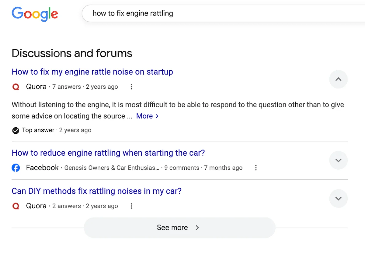 automotive search results including discussions and forums for car dealer seo