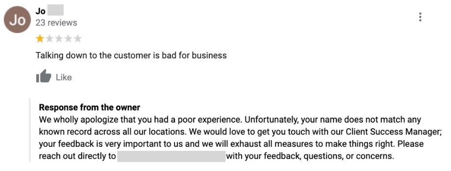 how to respond to negative review example from business with customer not in database