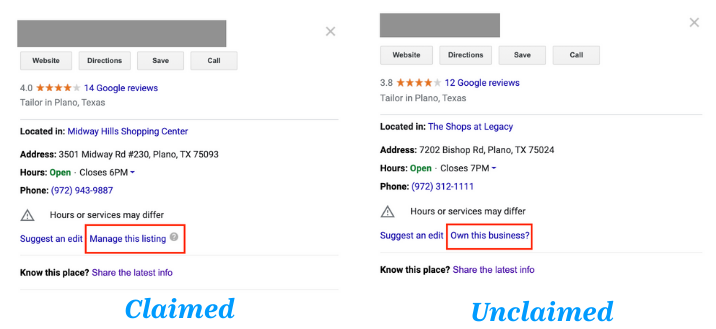 This shows the difference between a claimed and unclaimed listing on Google My Business.