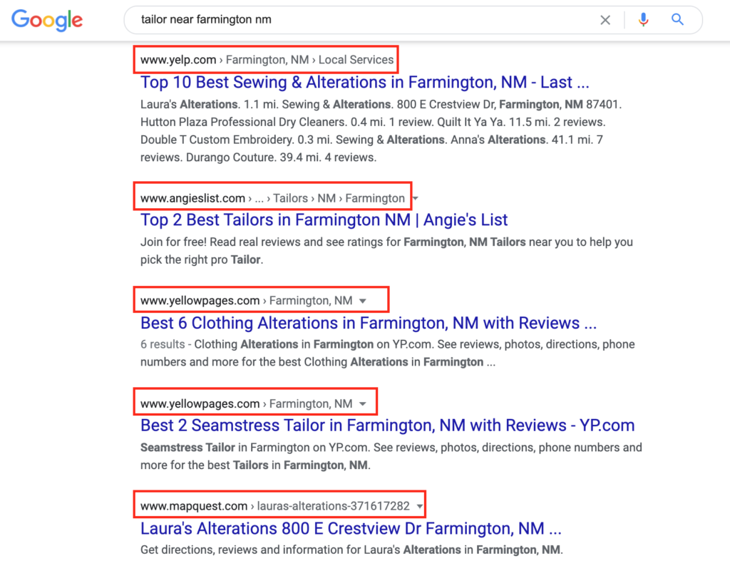 The top five results for this local search go to directory listing sites.