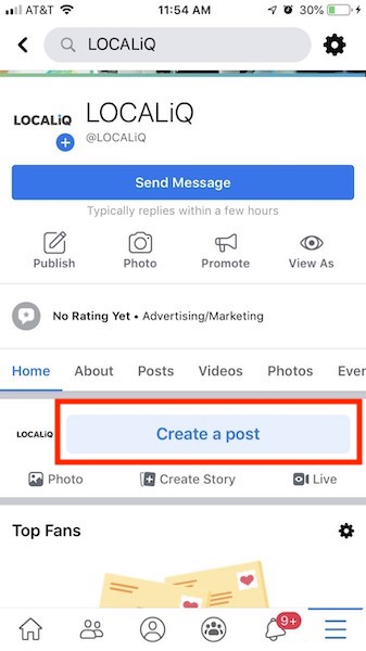 El primer paso para añadir una ubicación a una publicación de Facebook en el móvil es crear la publicación.