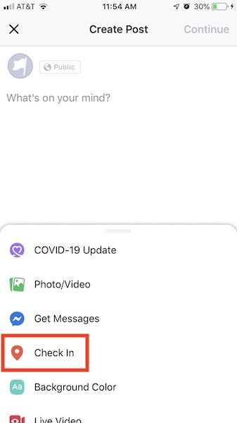 Facebook mobile gives you a way to check in when posting to your business page.