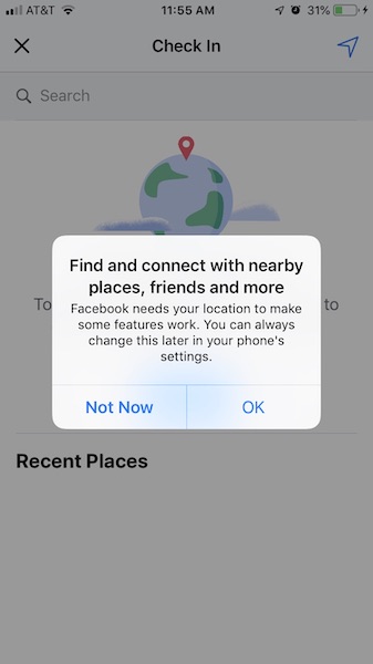 Facebook fordert Sie auf, Standortinformationen in der mobilen App zu teilen.