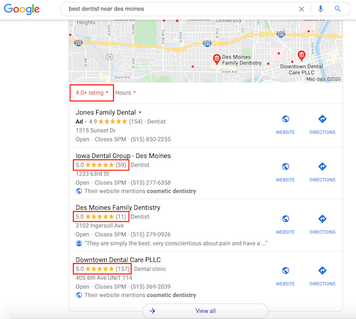 When you search for "best" in search results, you receive businesses with a 4.0 star rating or above.