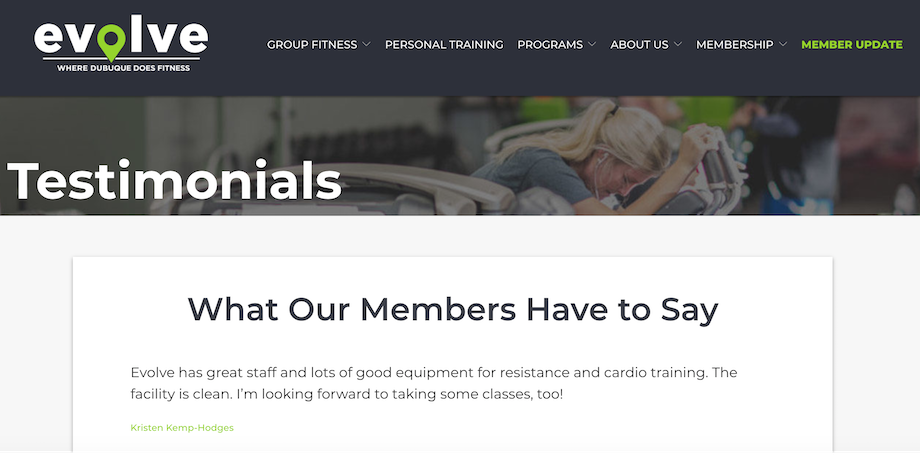 This gym includes testimonials on their website to boost authority and credibility.