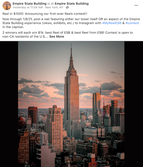 One holiday facebook idea is to run a photo or video contest - like this one from the empire state building.