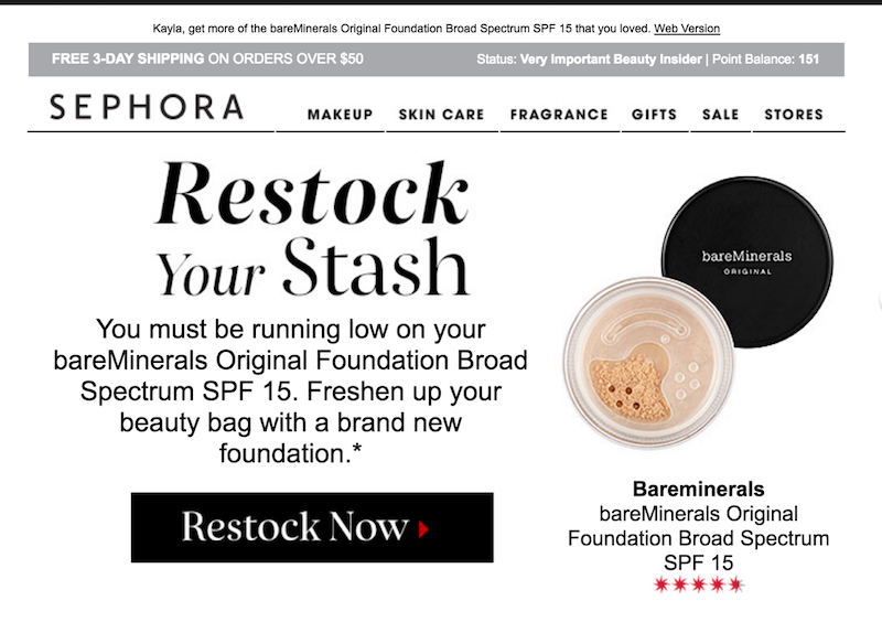 This example from Sephora shows how they follow up with leads with email marketing.