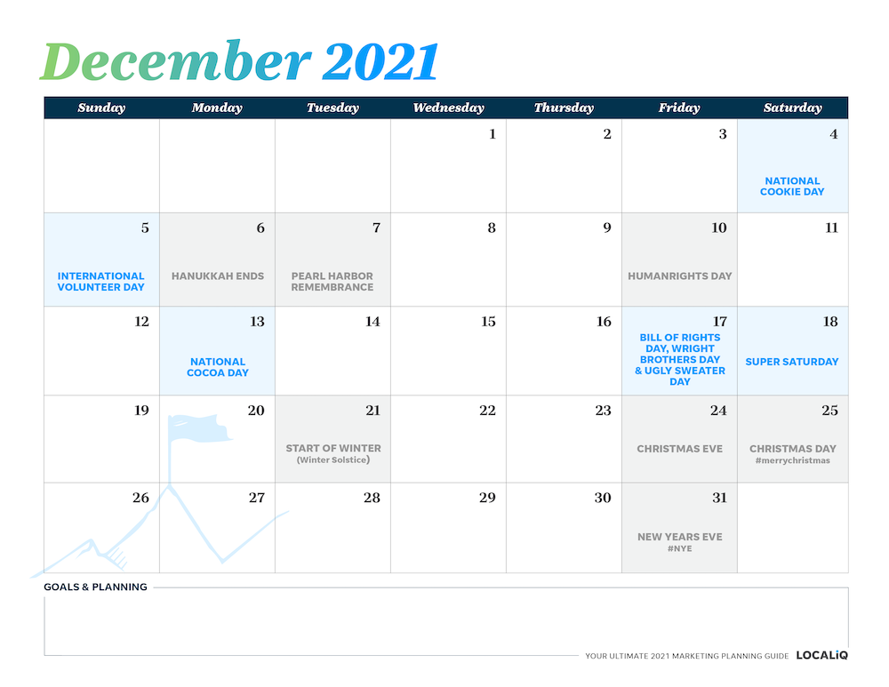 Plan your December 2021 marketing with this marketing planning calendar.