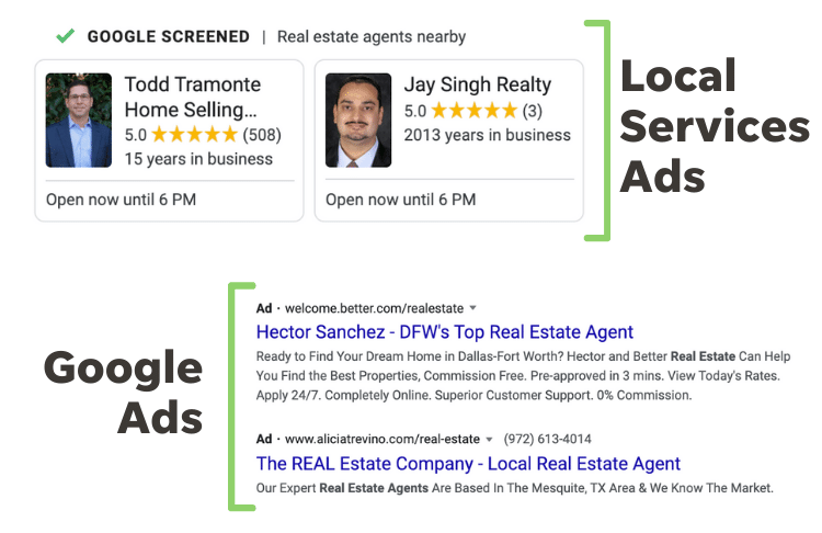 example of a local services ads vs google ads for real estate.