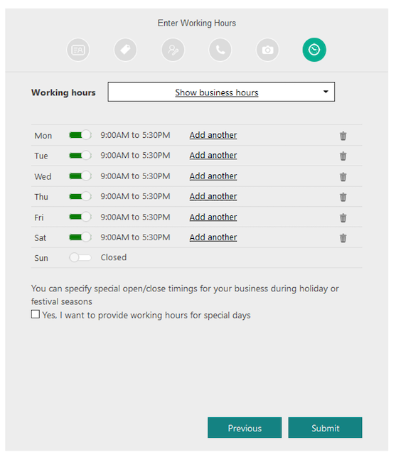 bing business listing - add hours of operation