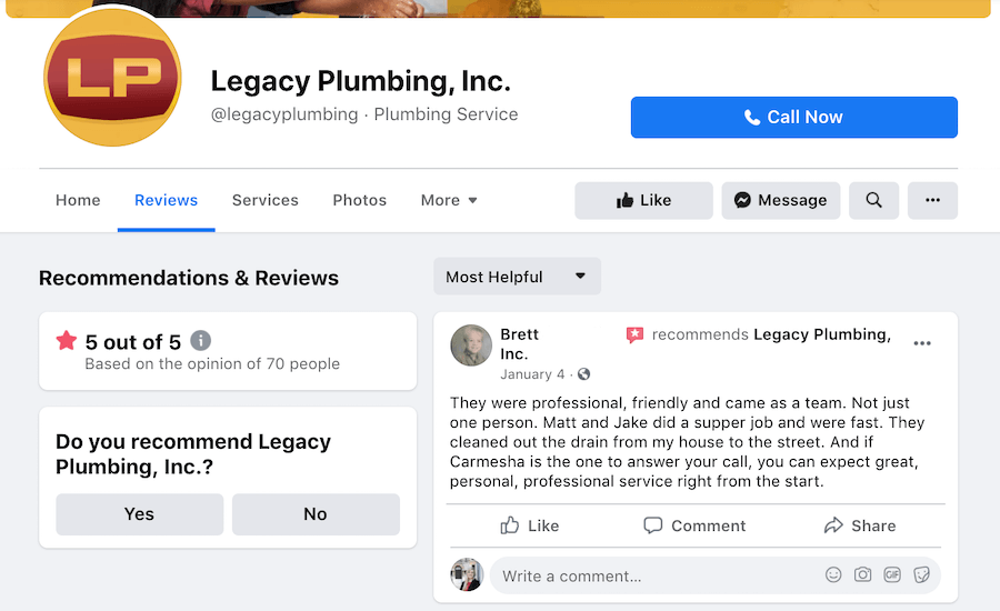 facebook recommendation example for plumber