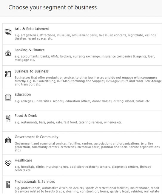 set up bing business listing - choose business segment