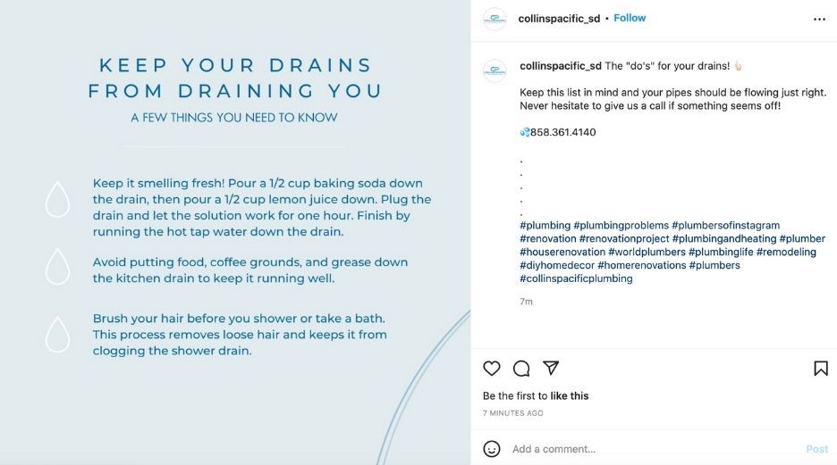 what to post on instagram - tips for your drain from plumber on instagram