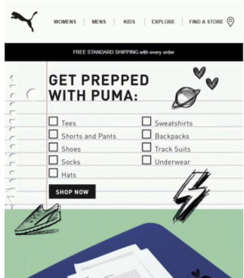 august newsletter ideas—puma email with a back to school checklist