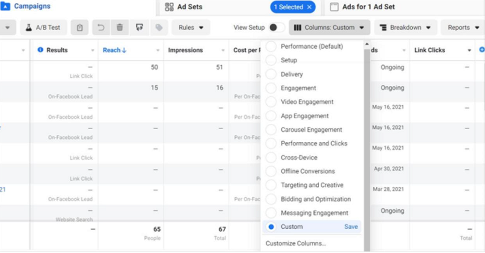 benefits of facebook advertising - example of customize columns for tracking insights