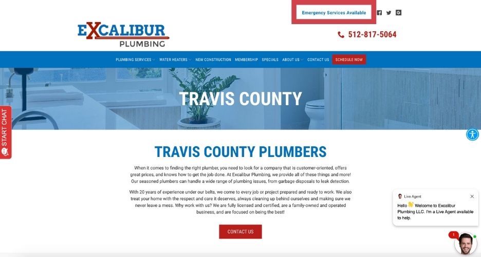 best plumbing websites - emergency services callout on excalibur plumbings site