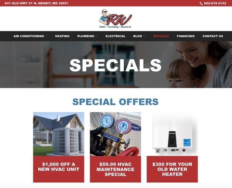 best plumbing websites - rw hvac features specials and offers on site