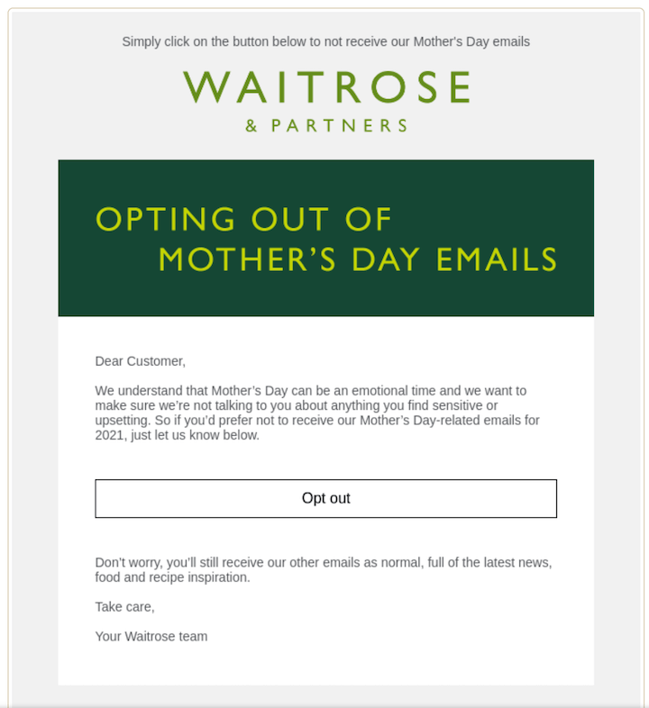 may newsletter example with option to opt out from mother's day emails