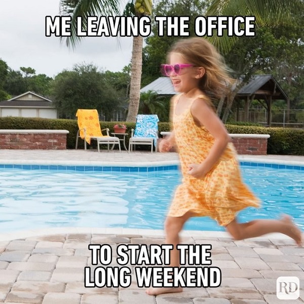 labor day social media holidays - meme of girl running toswimming pool for a long weekend