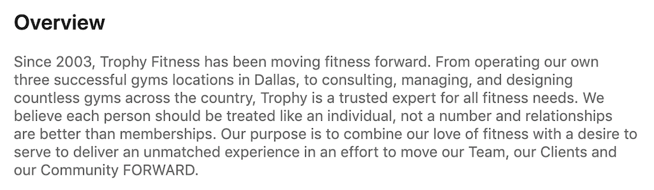 linkedin business description example - trophy fitness uptown