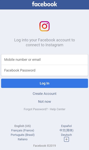 Instagram login from facebook