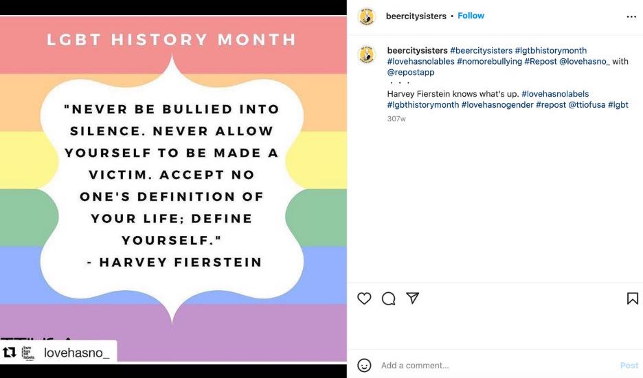 october social media holidays - example post from beercitysisters for lgtb history month