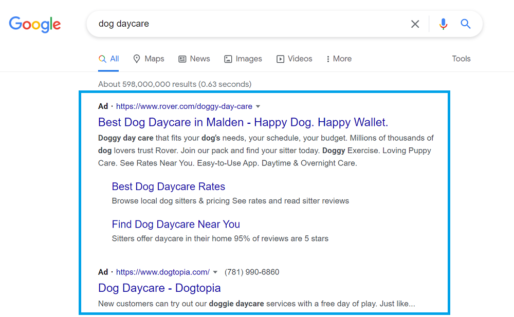 search vs display ads - search ad example