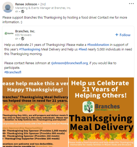 thanksgiving marketing campaigns - small business charity linkedin example