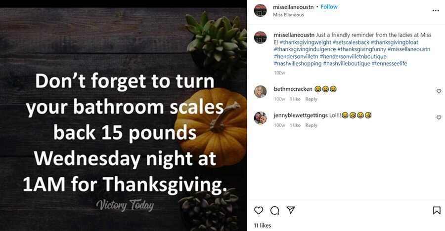 thanksgiving social media posts - example of funny meme reposted by small business for thanksgiving