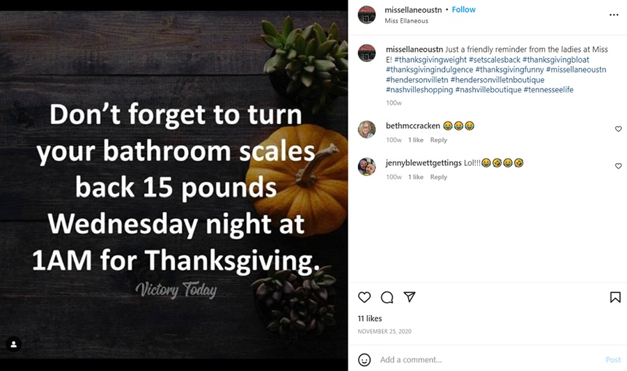 thanksgiving social media posts - example of funny meme reposted by small business for thanksgiving