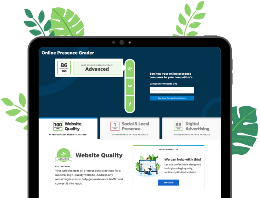 website marketing metrics - localiq website grader example