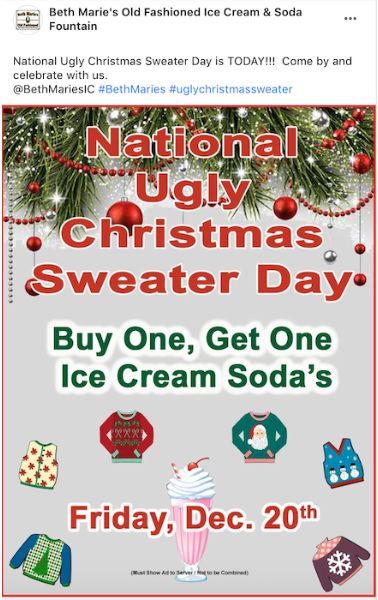 holiday post ideas on facebook - example from ice cream shop promoting ugly christmas sweater day