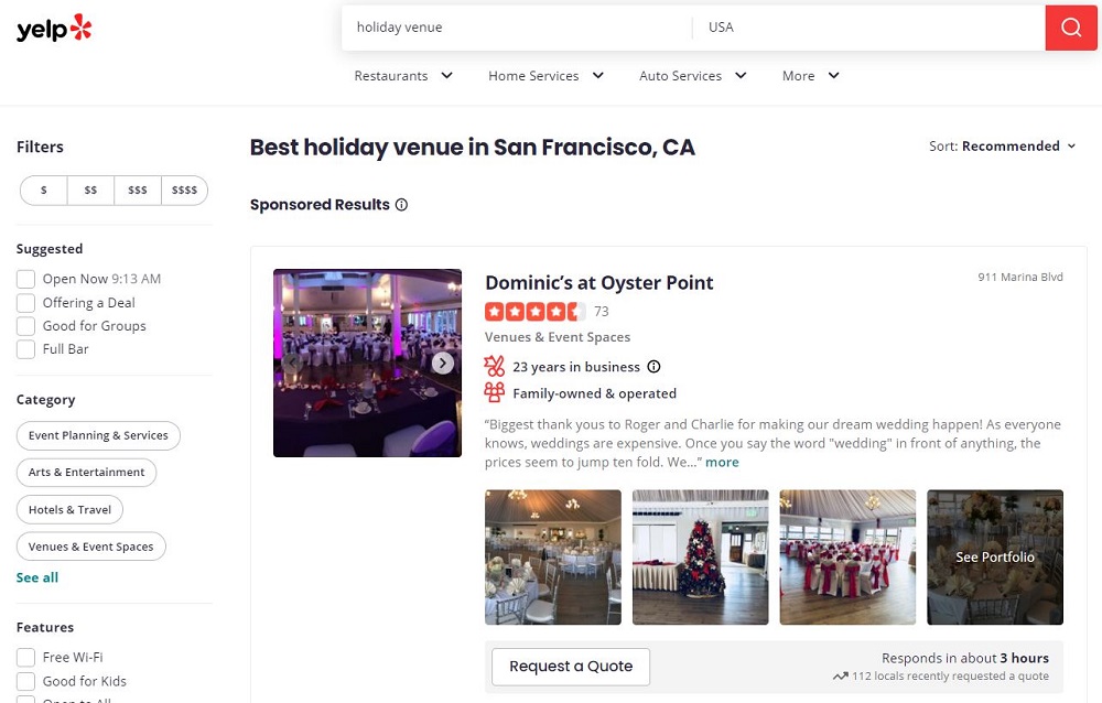 yelp local listing holiday tips - yelp search ads example