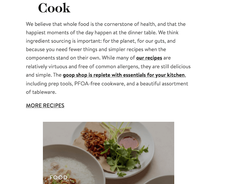 about us page examples - goop's cook section on their about us page