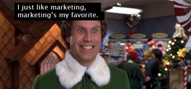 christmas social media posts - meme of elf excited about marketing on the holidays 