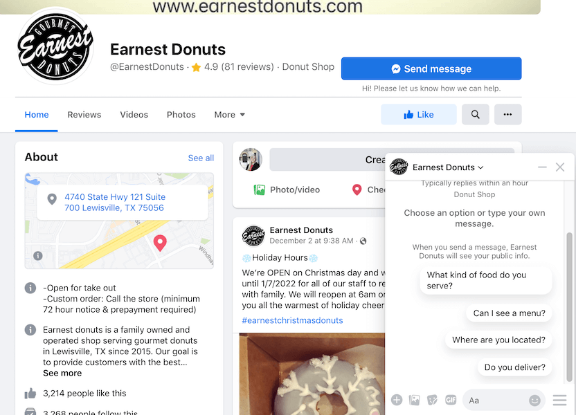 facebook marketing strategy - screenshot of business page with facebook messenger bot