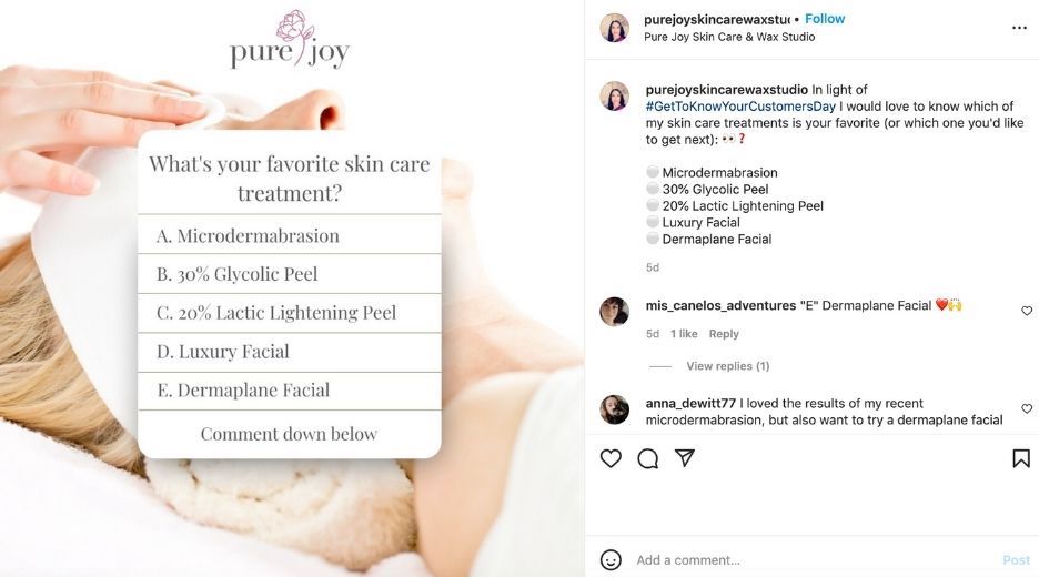 january social media holidays - instagram post for get to know your customers day from a spa