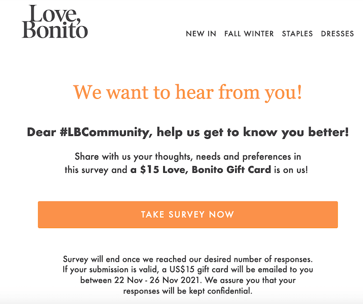 types of emails - customer survey email example from love bonito boutique