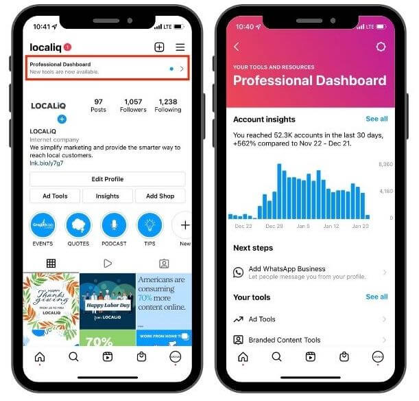 how to add instagram location - example of professional dashboard view on instagram