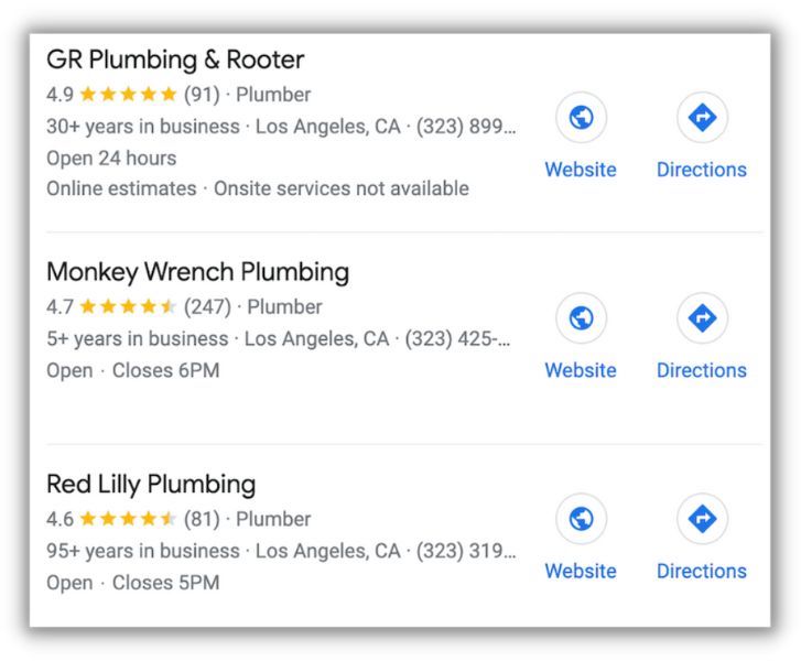 google three pack for los angeles plumber with positive reviews showing