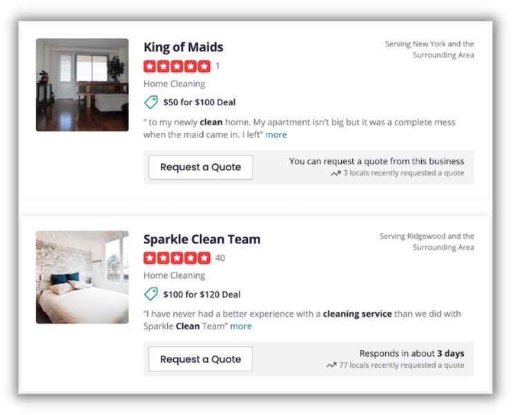 two yelp listings for cleaning services businesses